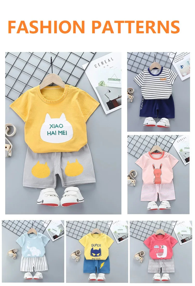 2-Piece Summer Cotton T-Shirt & Shorts Set for Toddlers – Unisex Cartoon Print Outfit