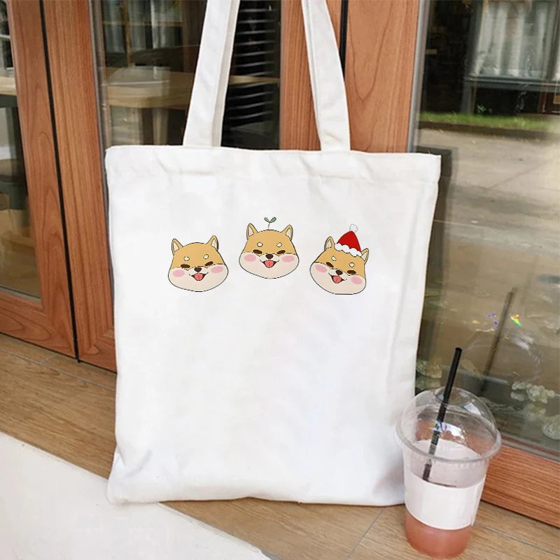 Canvas Tote Bag for Women Cute Dog Boba Tea Handbag