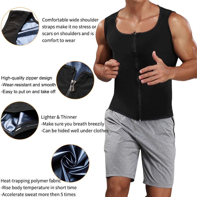 Men Body Shaper Sauna Heat Trapping Sweat Enhancing Vest Workout Gym Slimming Compression Suit Waist Trainer Corset with Zipper