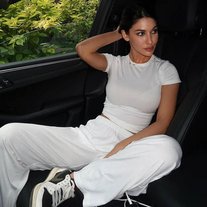 Elastic Waist Pants Set Round Neck Short