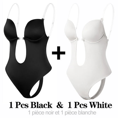 Invisible Shaper Bra Sexy Bodysuit Corset Backless Deep V-Neck U Plunge Thong Waist Trainer Clear Strap Padded Push Up Shapewear