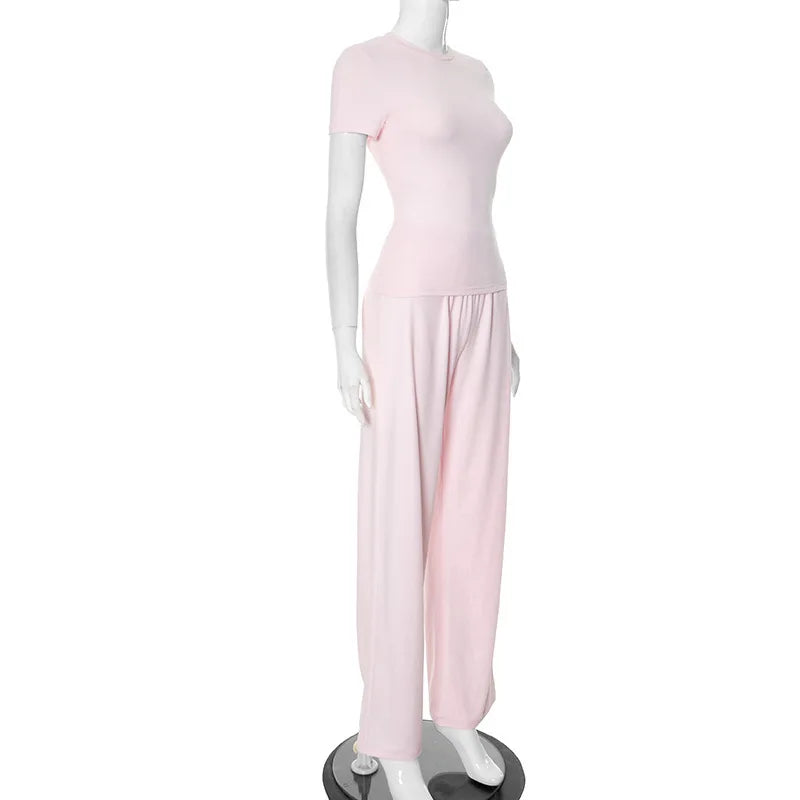 Elastic Waist Pants Set Round Neck Short