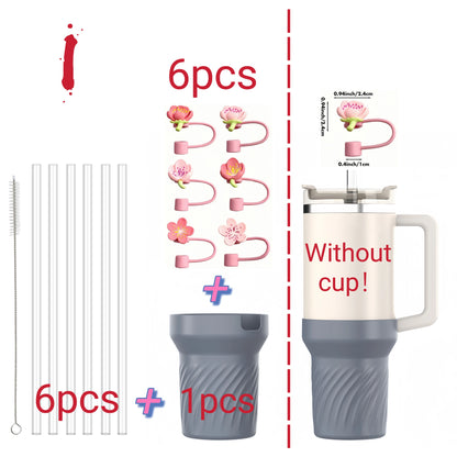 13pcs accessories for Stanley 40oz thermos cup, flower straw covers, 10mm straws, silicone cup sleeves and cleaning brushes.