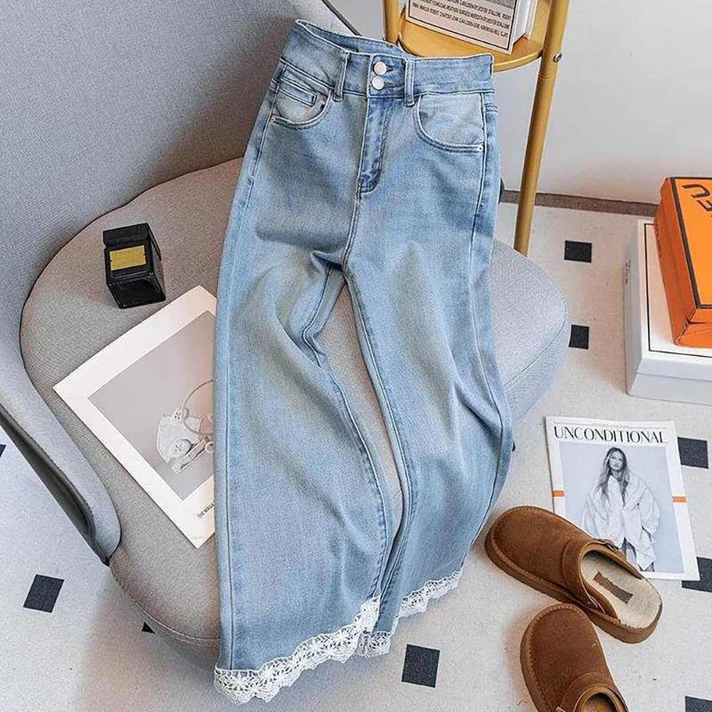 Fashion Lace Edge Blue Jeans