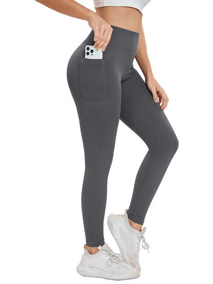 Women's solid color threaded sports leggings seamless cross-border yoga pants high-waisted fitness pants Yoga wear with pocket