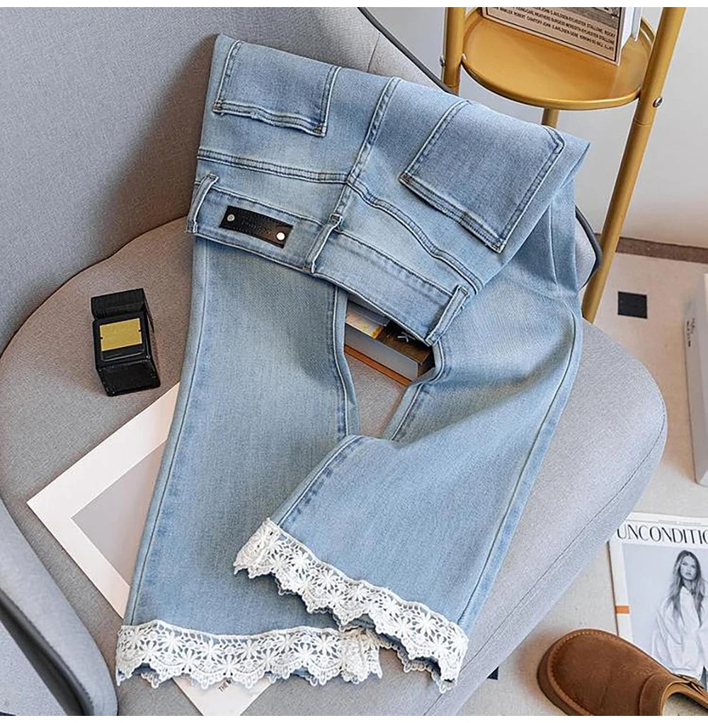 Fashion Lace Edge Blue Jeans