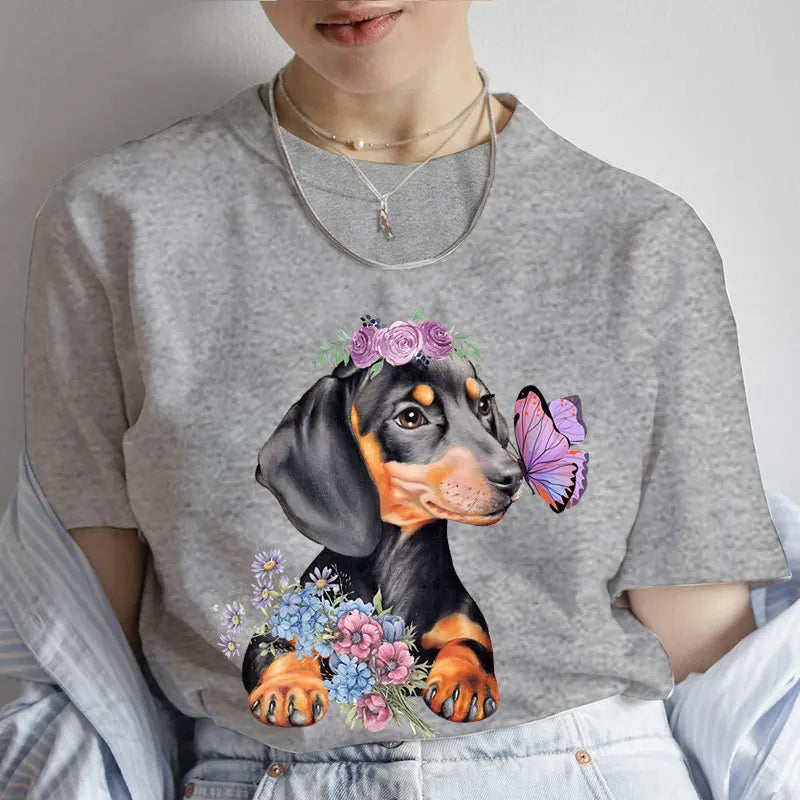 Fashion Cartoon Dachshund Clothes Graphic Dog Lover Print T Shirt