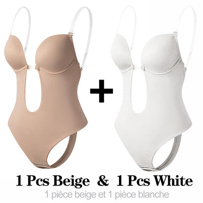 Invisible Shaper Bra Sexy Bodysuit Corset Backless Deep V-Neck U Plunge Thong Waist Trainer Clear Strap Padded Push Up Shapewear