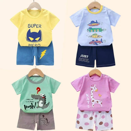 2-Piece Summer Cotton T-Shirt & Shorts Set for Toddlers – Unisex Cartoon Print Outfit