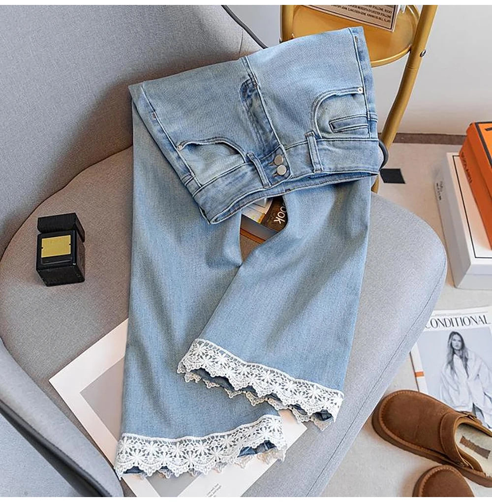 Fashion Lace Edge Blue Jeans