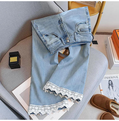 Fashion Lace Edge Blue Jeans
