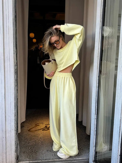 Casual Elastic Wide Leg Pants 2 Pieces Sets