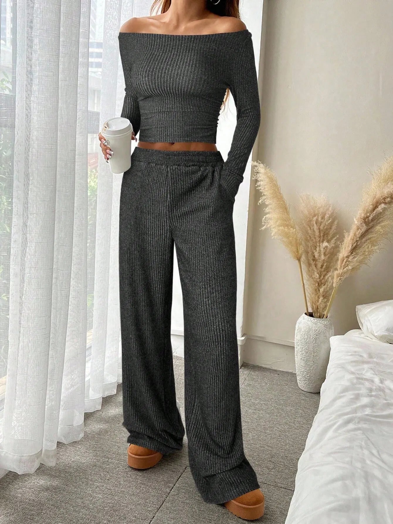 Off Shoulder Long Sleeve Top Wide Leg Pants Set