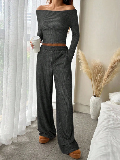 Off Shoulder Long Sleeve Top Wide Leg Pants Set