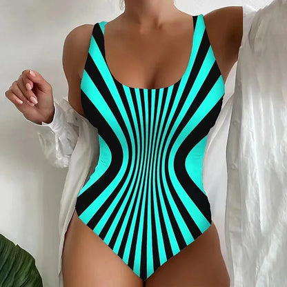 Black Striped One Piece Swimsuit Large Size 5XL Set