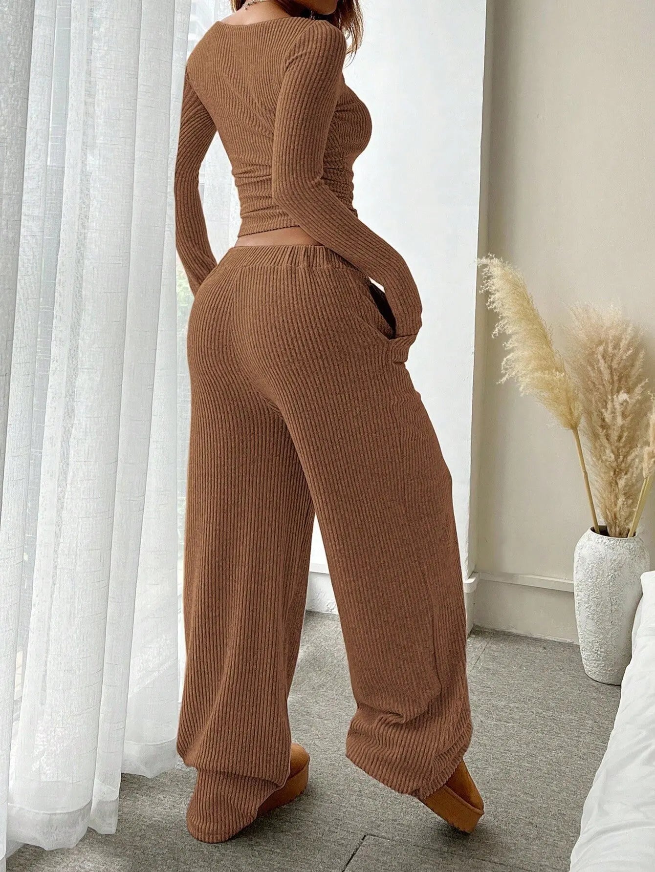 Off Shoulder Long Sleeve Top Wide Leg Pants Set