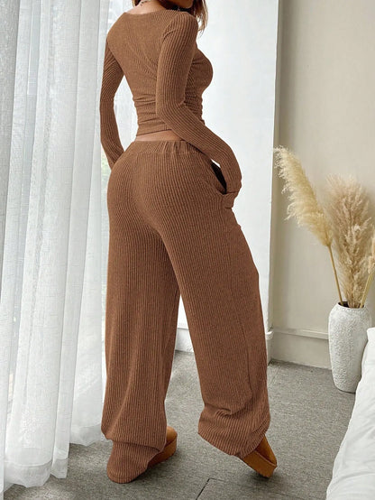Off Shoulder Long Sleeve Top Wide Leg Pants Set