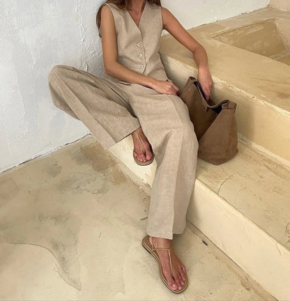 Linen Cotton Chic Vest ＆ Pants Suit Two-Piece Set
