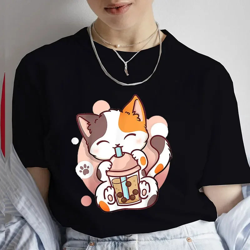 Casual Kawaii Boba Milk Tea Print Tshirt Bubble Tea Cartoon