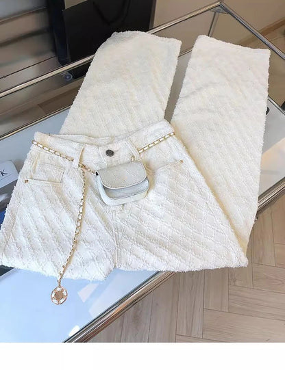 White Plaid Straight Loose Pants