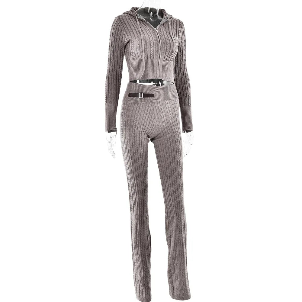 Knitted Long Sleeve Zipper Hooded Two Piece Sets