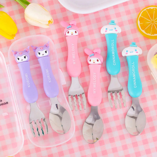 Anime Figure Hello Kitty Children Stainless Steel Cutlery Set Kuromi Cartoon Action Model Spoon Fork My Melody Baby Tableware