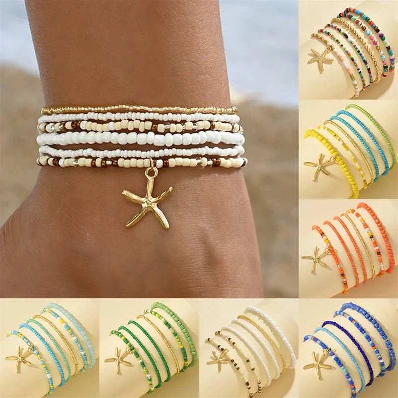 Bohemia Multilayer Rice Bead Anklet Set