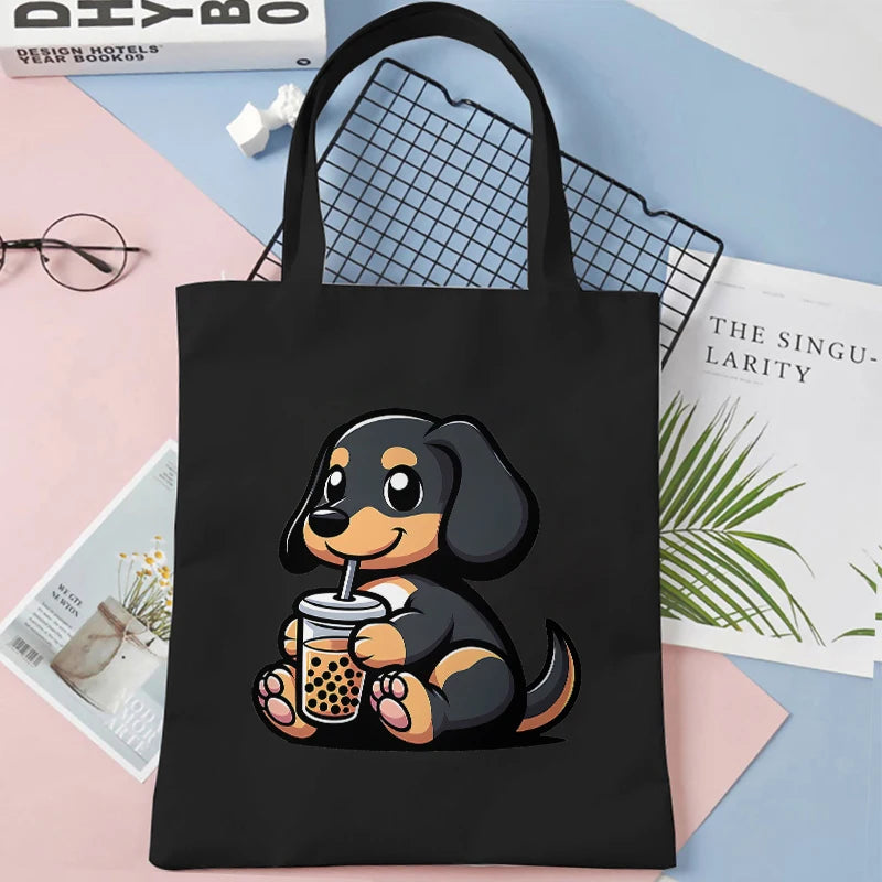 Canvas Tote Bag for Women Cute Dog Boba Tea Handbag