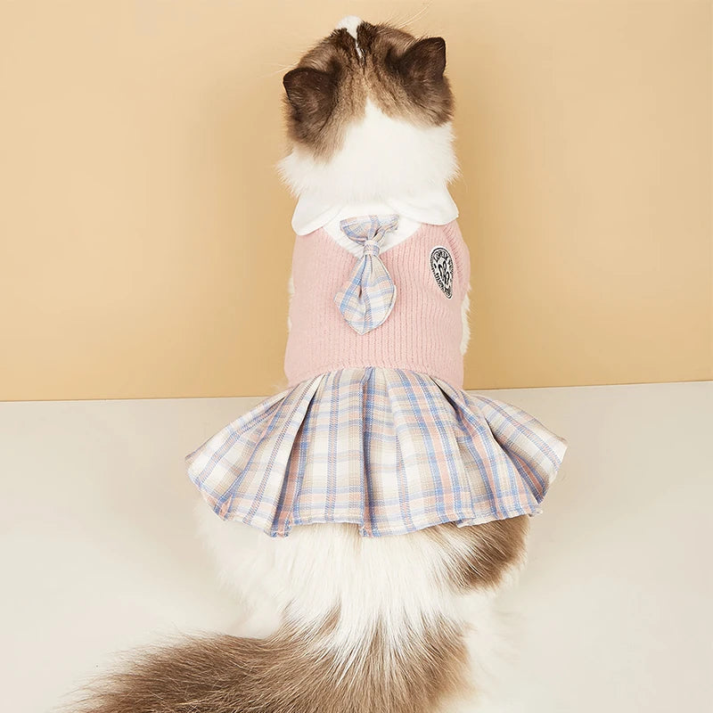 College Style Cute Pet Dress – Plaid Skirt for Small Dogs and Cats