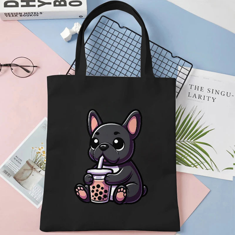 Canvas Tote Bag for Women Cute Dog Boba Tea Handbag