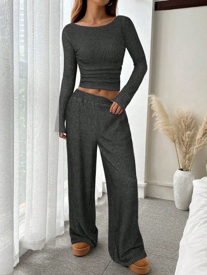 Off Shoulder Long Sleeve Top Wide Leg Pants Set