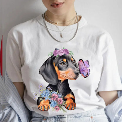 Fashion Cartoon Dachshund Clothes Graphic Dog Lover Print T Shirt