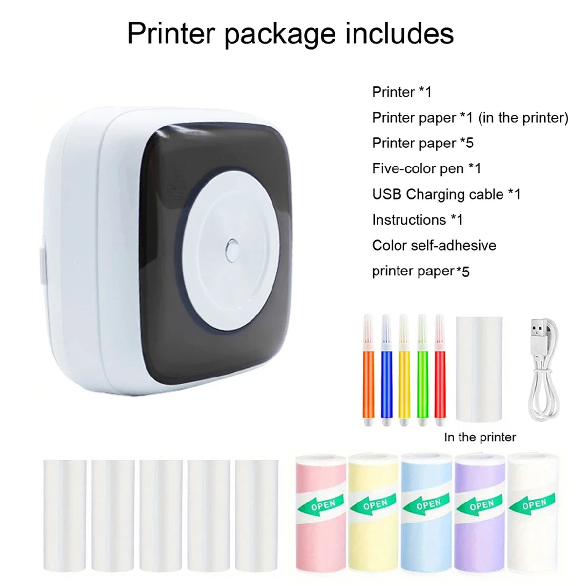 Thermal Mini Printer, Portable Sticker Printer, Inkless Pocket Photo Printer for Notes, Journal, DIY,With Colored LED light