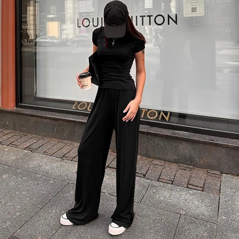 Elastic Waist Pants Set Round Neck Short