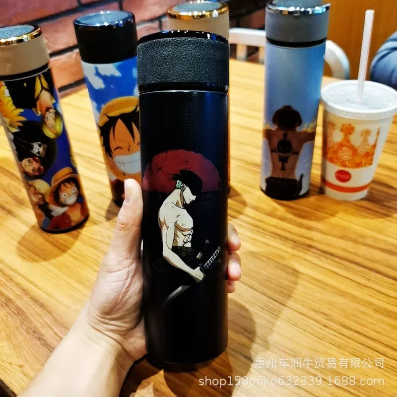 Japan Anime One Piece 304 Stainless Steel Thermos Cup Cartoon Pattern Luffy Roronoa Zoro Action Figure High Capacity Water Cup