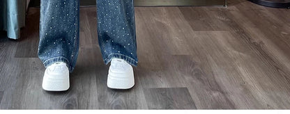 High Waist Loose Hot Stamping Diamond Denim Pants