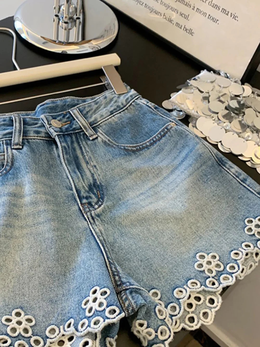 Embroidered Hollowed Out Edge Denim Shorts