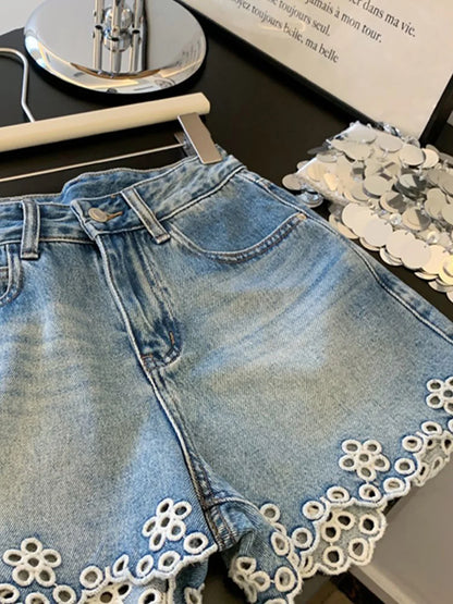 Embroidered Hollowed Out Edge Denim Shorts