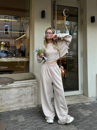 Casual Elastic Wide Leg Pants 2 Pieces Sets