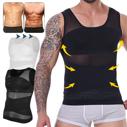 Men Compression Shirt Cross Mesh Tank Top Breathable Sleeveless Shapewear Undershirt Slimming Body Shaper Tummy Control Vest