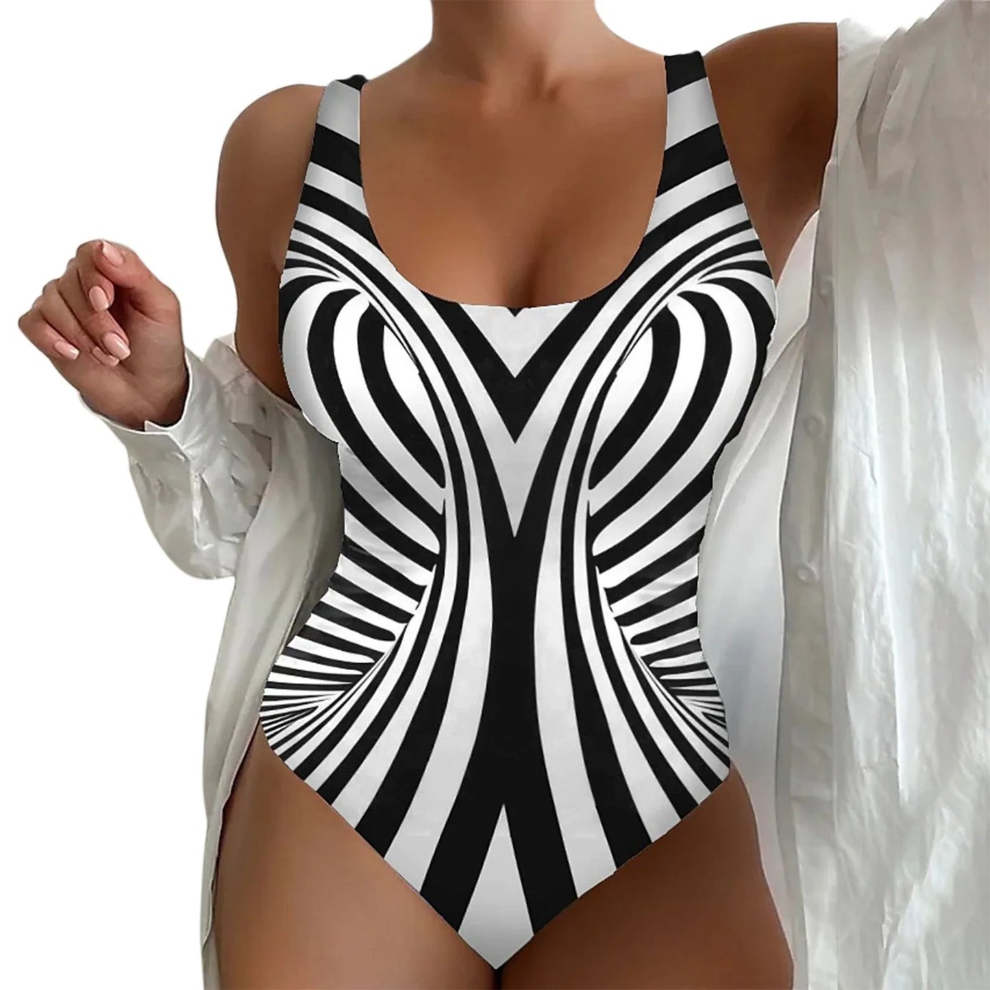 Black Striped One Piece Swimsuit Large Size 5XL Set