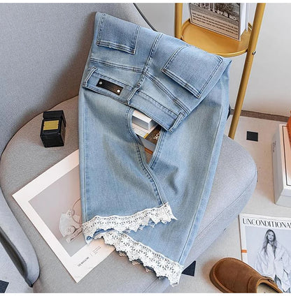 Fashion Lace Edge Blue Jeans