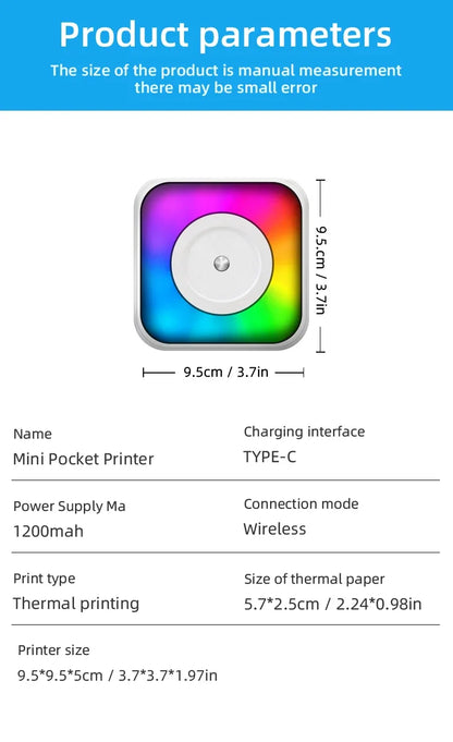 Thermal Mini Printer, Portable Sticker Printer, Inkless Pocket Photo Printer for Notes, Journal, DIY,With Colored LED light