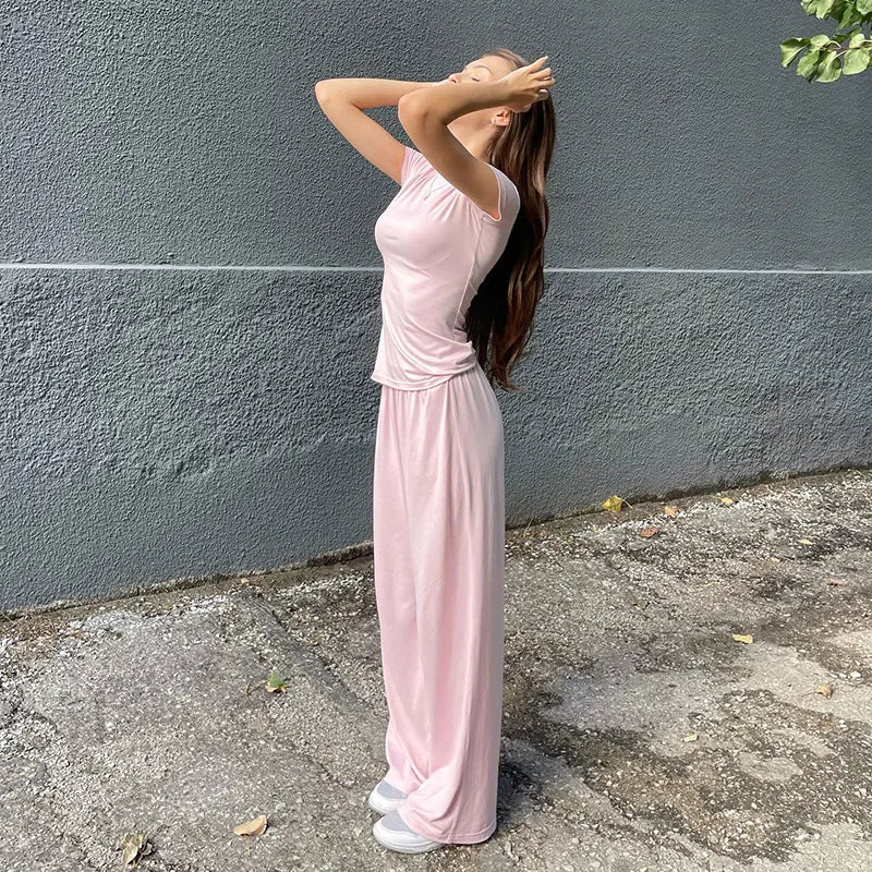 Elastic Waist Pants Set Round Neck Short