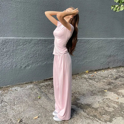 Elastic Waist Pants Set Round Neck Short