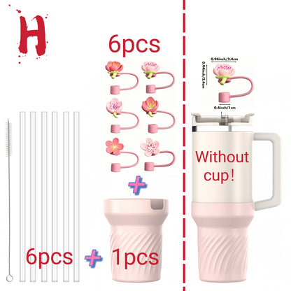 13pcs accessories for Stanley 40oz thermos cup, flower straw covers, 10mm straws, silicone cup sleeves and cleaning brushes.