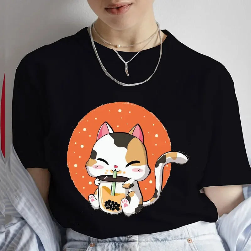 Casual Kawaii Boba Milk Tea Print Tshirt Bubble Tea Cartoon