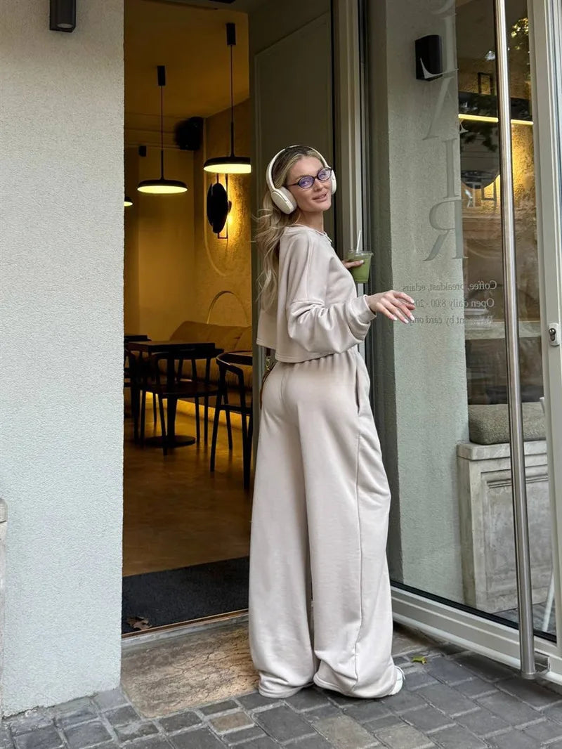 Casual Elastic Wide Leg Pants 2 Pieces Sets