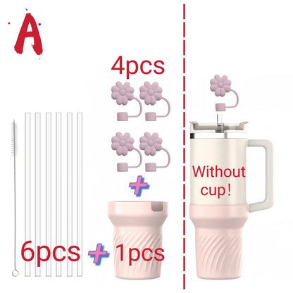 13pcs accessories for Stanley 40oz thermos cup, flower straw covers, 10mm straws, silicone cup sleeves and cleaning brushes.