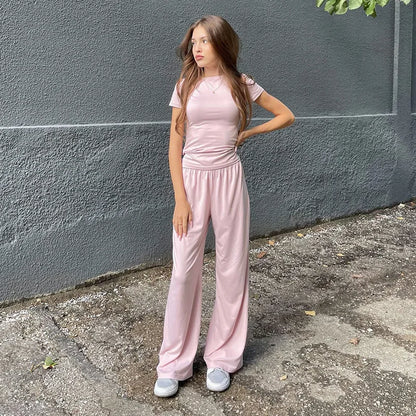 Elastic Waist Pants Set Round Neck Short